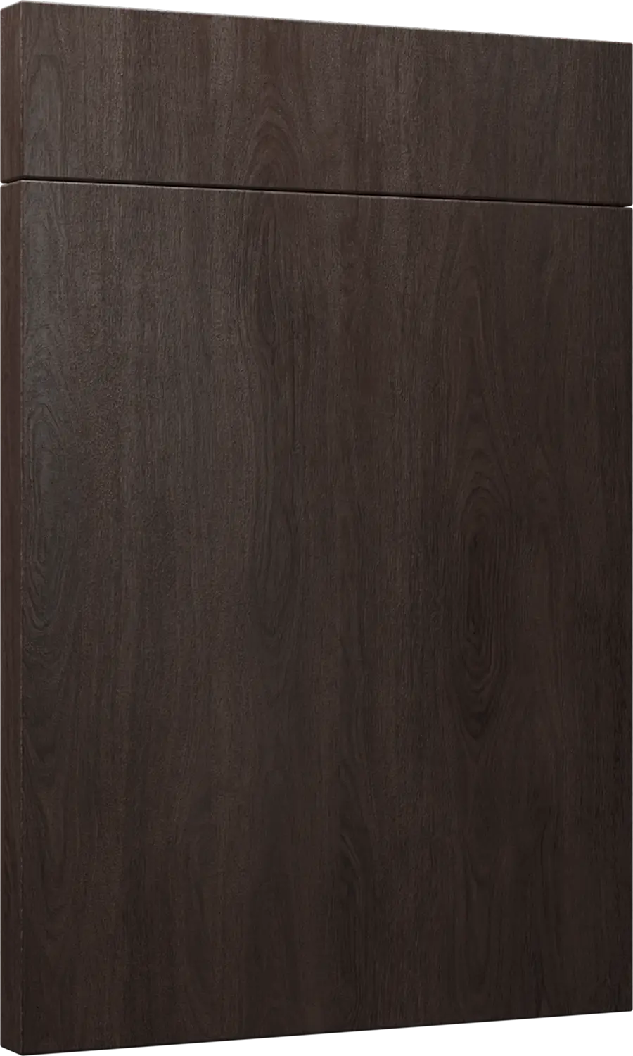 Dark wooden cabinet door with a horizontal seam and subtle wood grain patterns.