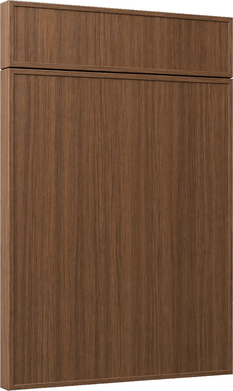 Tall wooden cabinet with a small top drawer and a single large front panel, brown wood grain finish