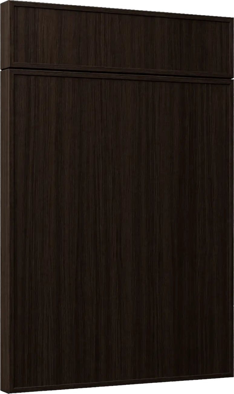 Dark wooden cabinet door with a small upper drawer, vertical panel details visible on all surfaces.