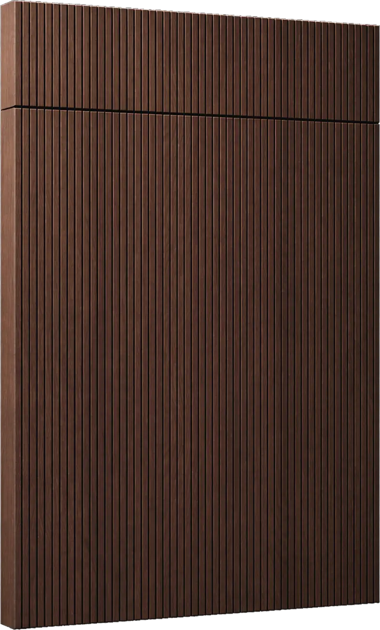 Tall wooden wall panels with vertical slats in a dark brown finish, photographed up close.