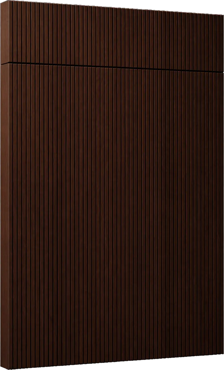 Tall wooden cabinet with vertical slats in a dark brown finish on tall doors