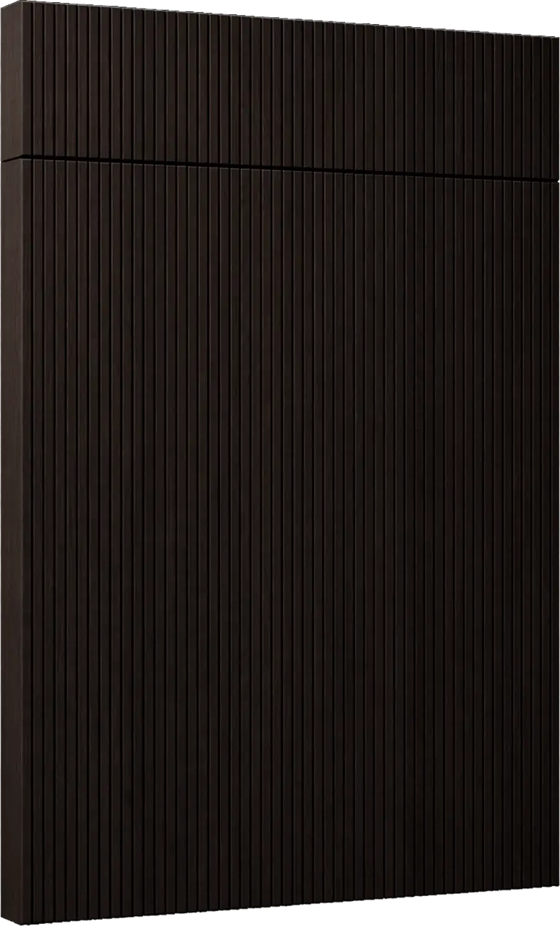 Tall dark wooden wall or cabinet with narrow vertical slats and subtle grooved panels, uniform across the surface.