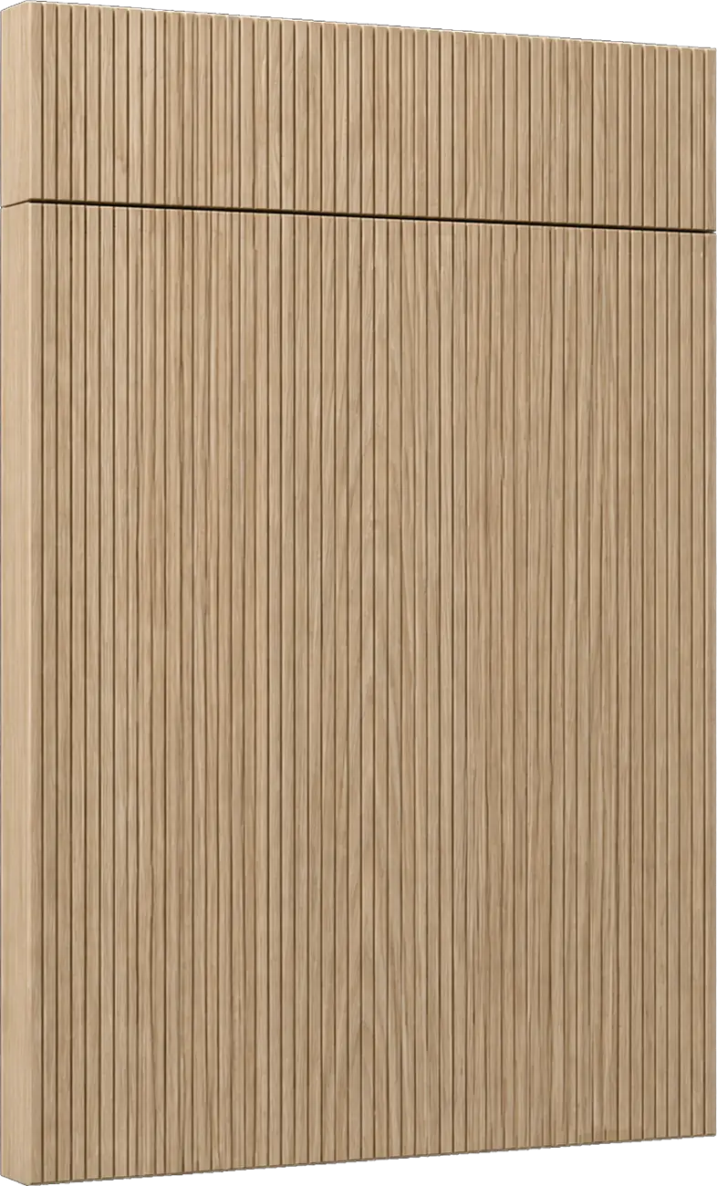Tall wooden cabinet or wall paneling with narrow vertical slats and a thin horizontal seam across the top portion